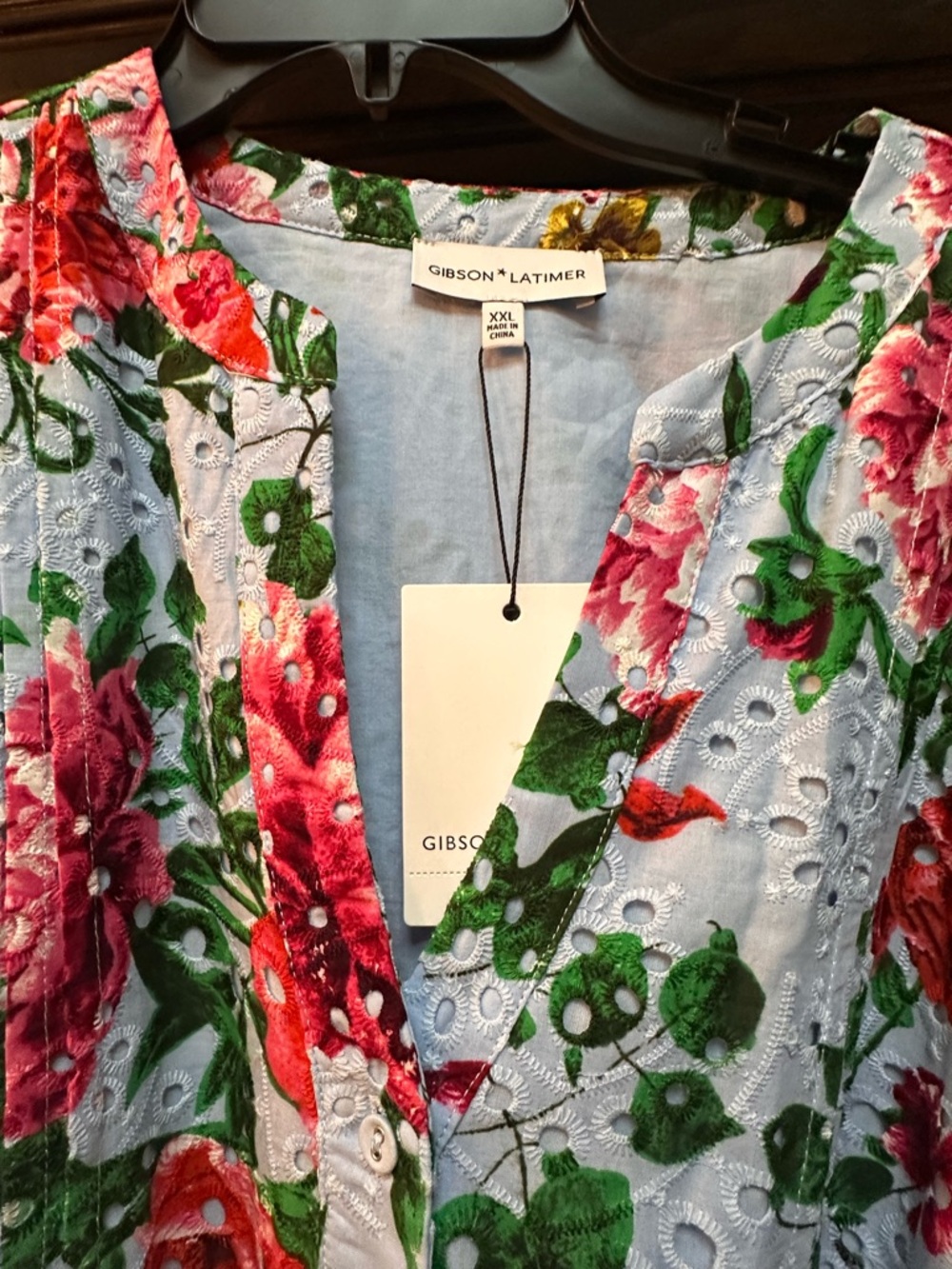 Gibson Latimer Light Blue Eyelet Midi Dress with Pink & Green Floral Print - Picture 2 of 6